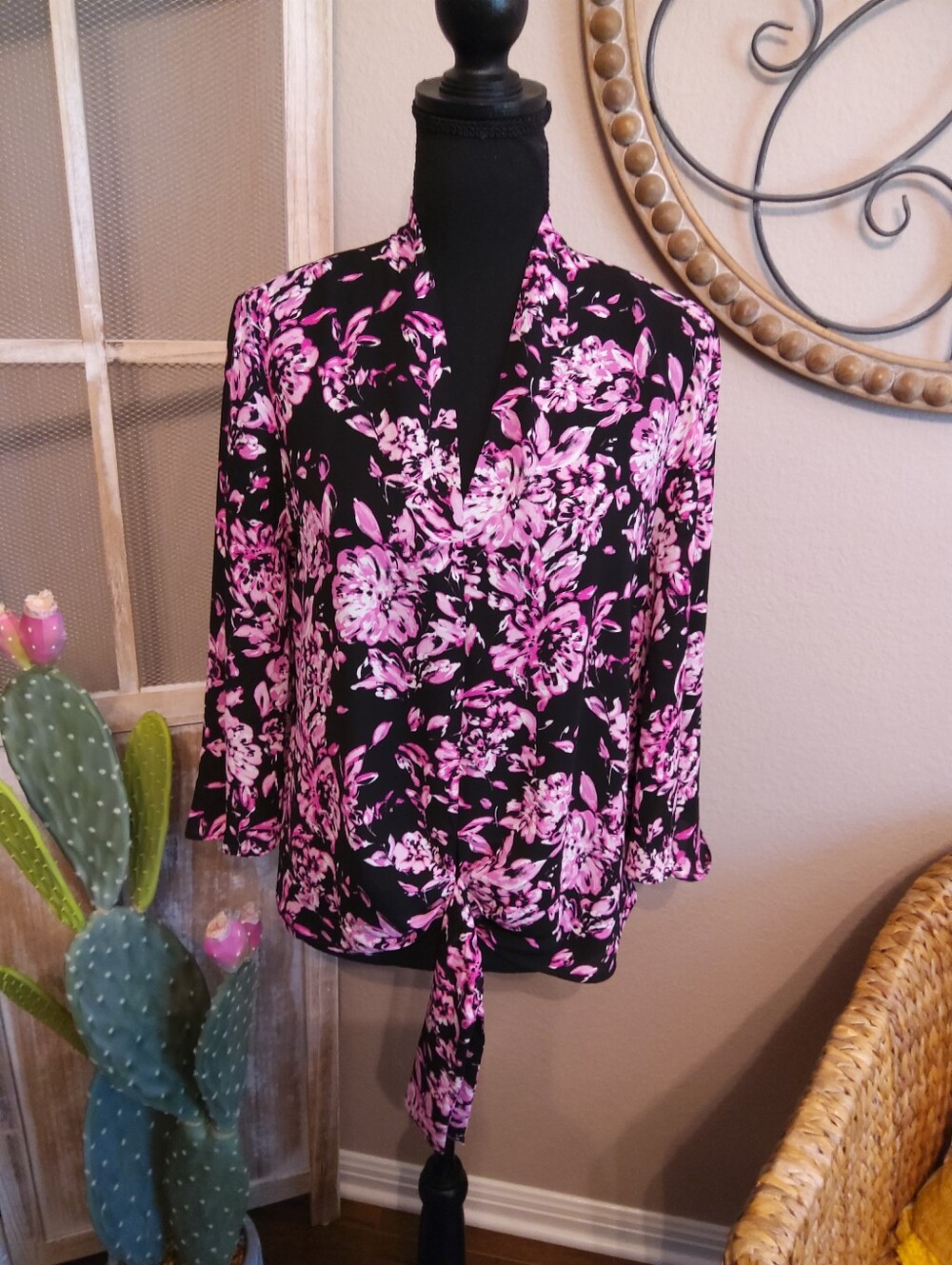 Anne Klein Black Blouse with Pink Floral Tie Front